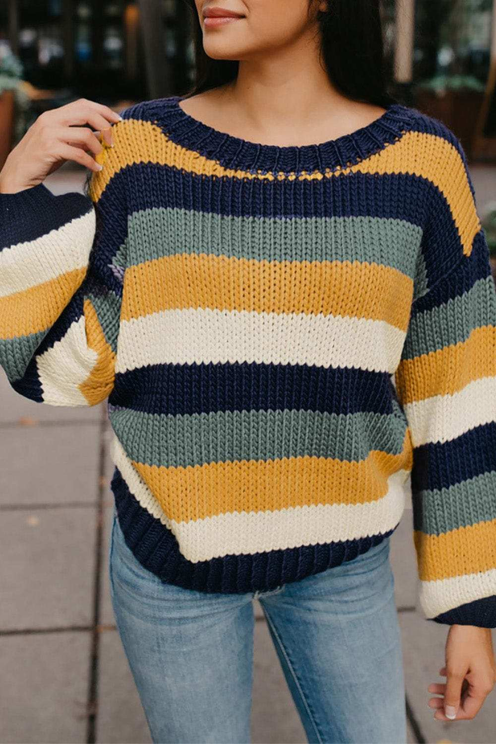 Color Block Round Neck Dropped Shoulder Sweater - Trendsi - Flyclothing LLC