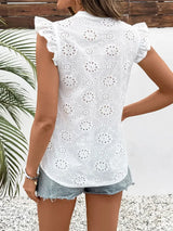 Perfee Eyelet Notched Ruffled Cap Sleeve Blouse - Trendsi - Flyclothing LLC