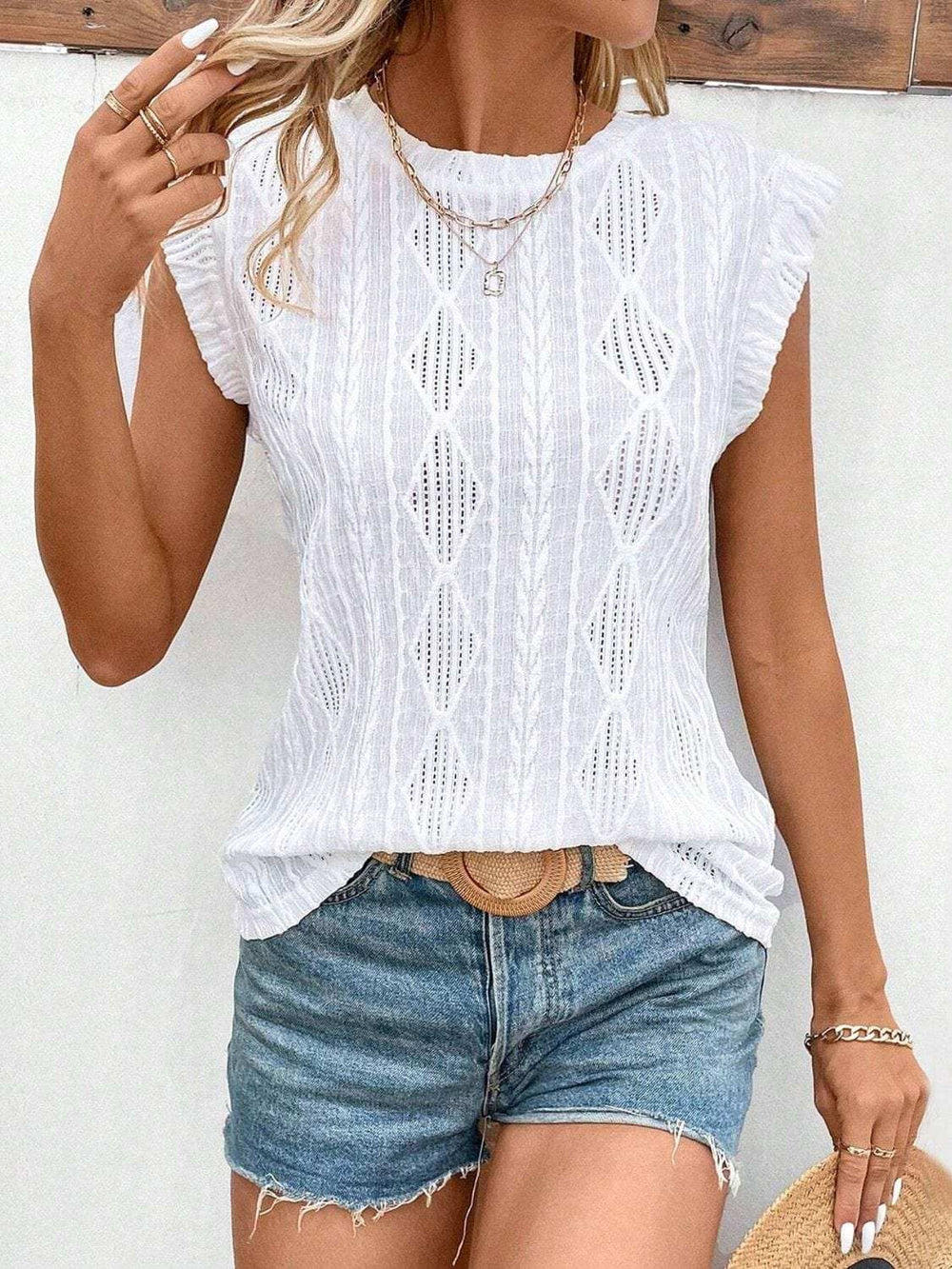 Eyelet Round Neck Cap Sleeve Top - Trendsi - Flyclothing LLC