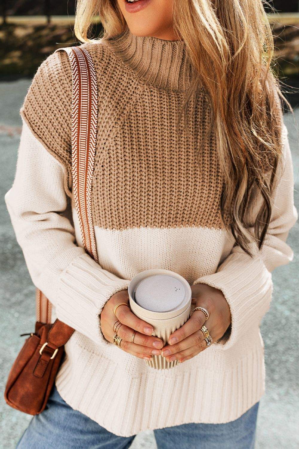 Slit Color Block Turtleneck Long Sleeve Sweater - Trendsi - Flyclothing LLC