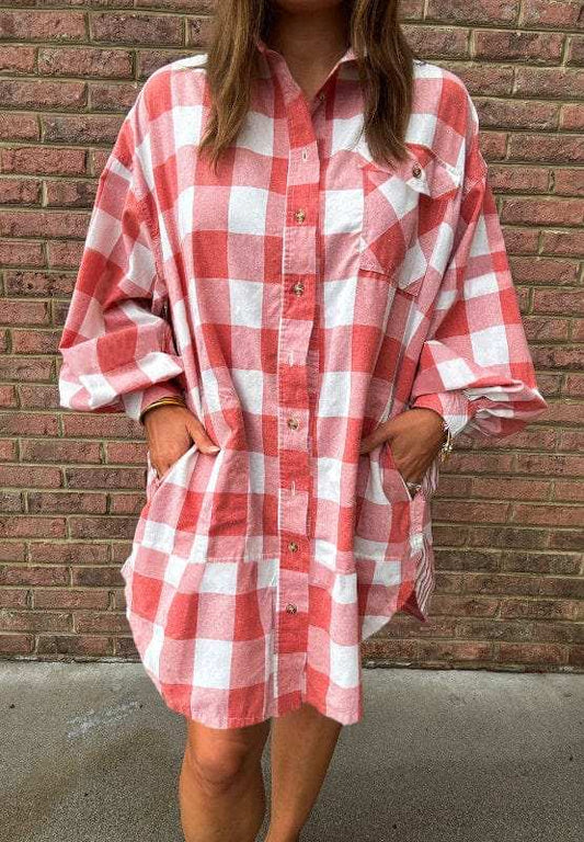Plaid Collared Neck Long Sleeve Shirt Dress - Trendsi - Flyclothing LLC