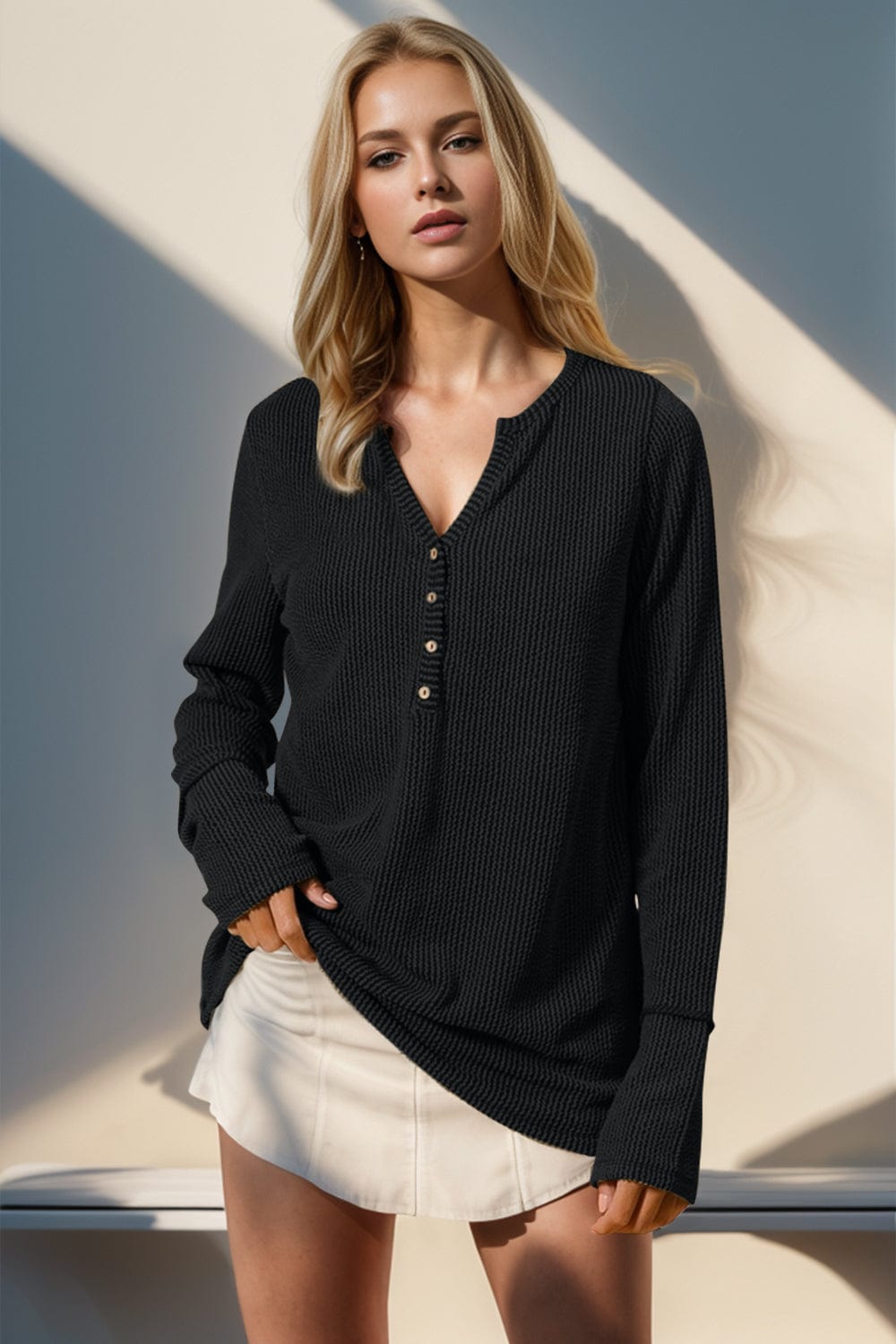 Double Take Full Size Notched Thumbhole Long Sleeve T-Shirt - Trendsi