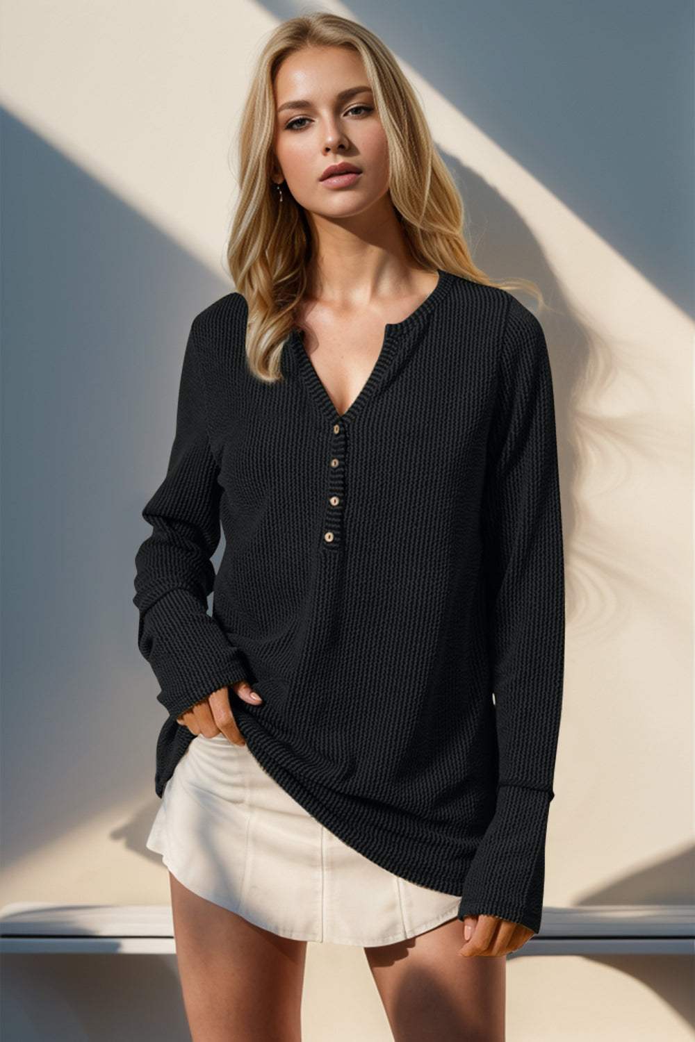 Double Take Full Size Notched Thumbhole Long Sleeve T-Shirt - Trendsi - Flyclothing LLC