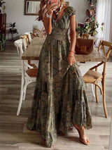 Full Size Smocked Printed V-Neck Short Sleeve Dress - Trendsi - Flyclothing LLC