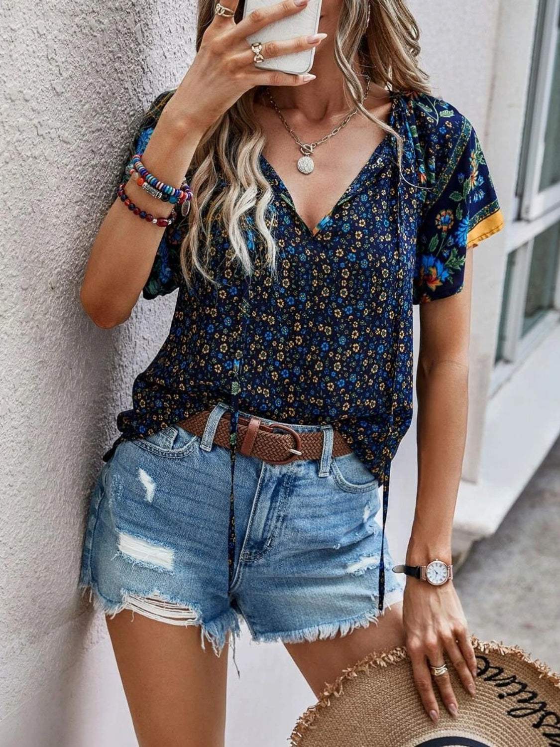 Printed Tie Neck Short Sleeve Blouse - Trendsi - Flyclothing LLC