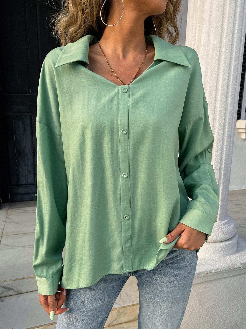 Button Down Collared Neck Long Sleeve Shirt - Trendsi - Flyclothing LLC