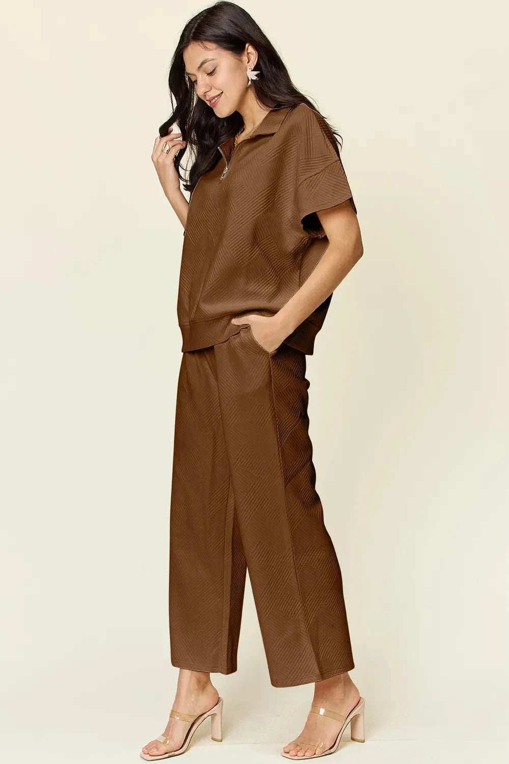 Double Take Full Size Texture Half Zip Short Sleeve Top and Pants Set - Trendsi - Flyclothing LLC