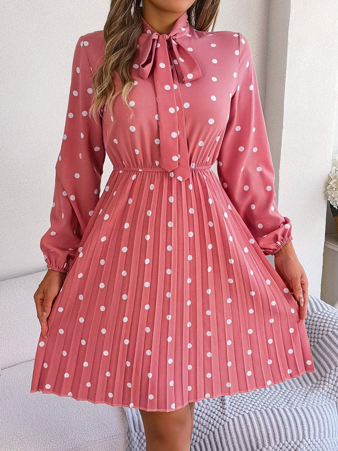 Polka Dot Tie Neck Pleated Dress - Trendsi - Flyclothing LLC