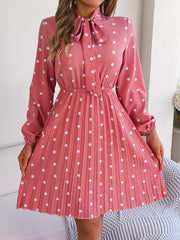 Polka Dot Tie Neck Pleated Dress - Trendsi