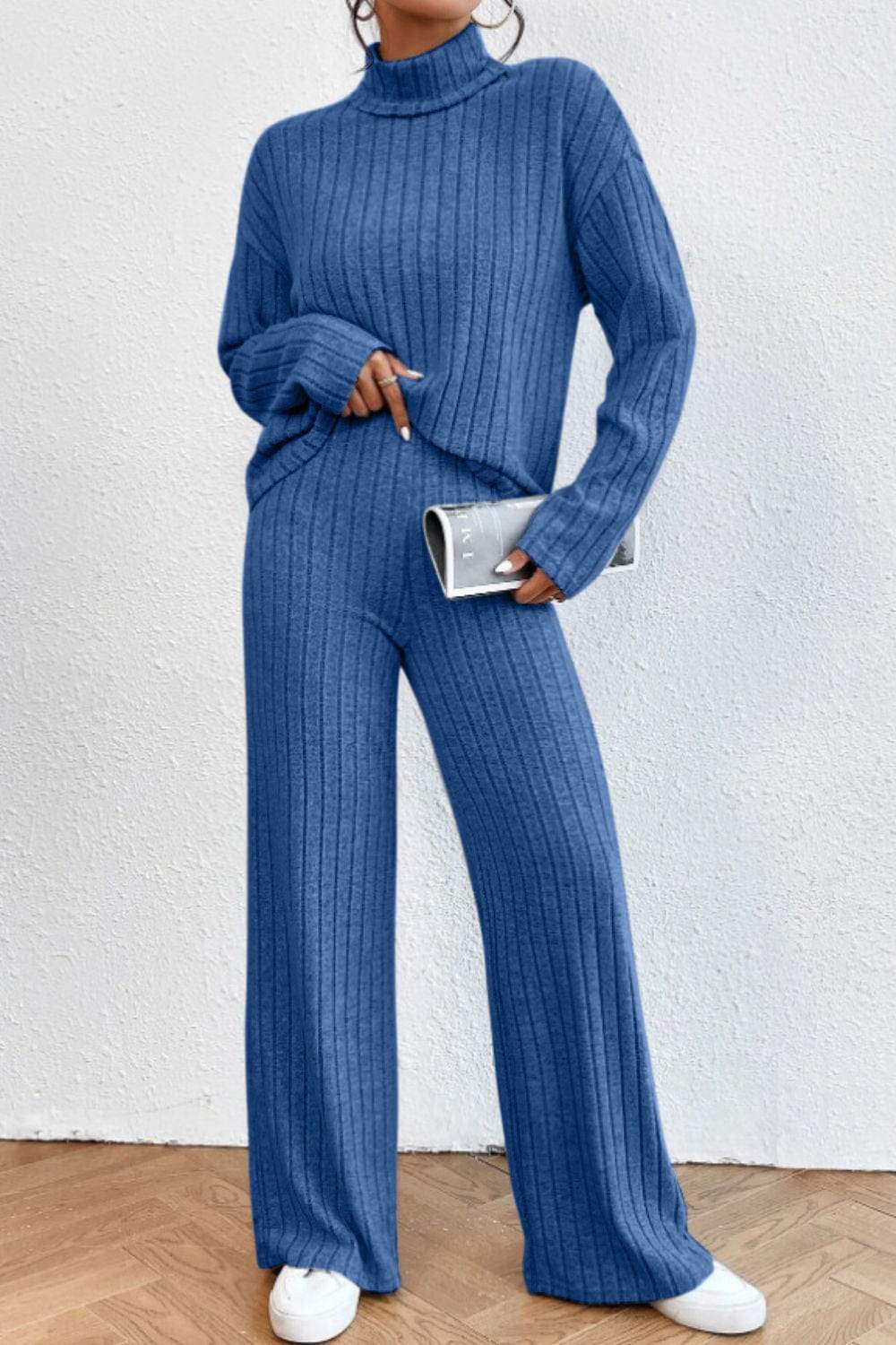 Mock Neck Dropped Shoulder Top and Pants Set - Trendsi - Flyclothing LLC