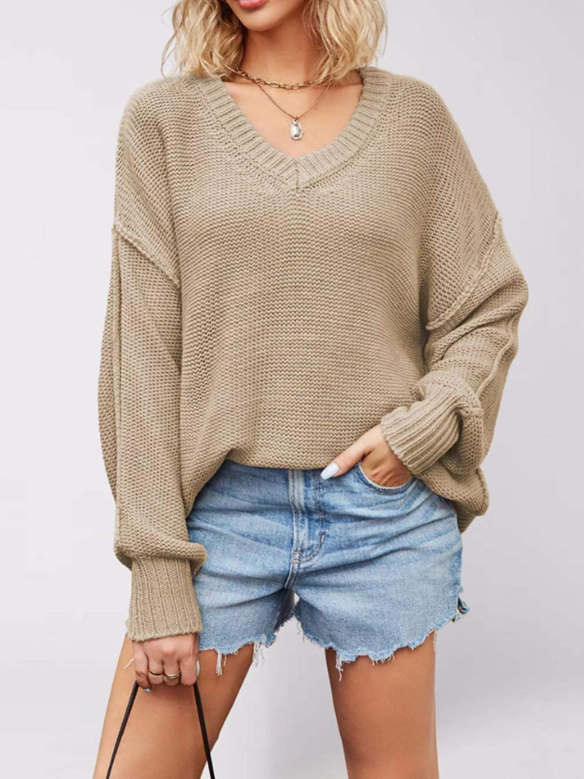 V-Neck Loose Knit Drop Shoulder Sweater - Trendsi - Flyclothing LLC