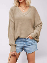 V-Neck Loose Knit Drop Shoulder Sweater - Trendsi - Flyclothing LLC