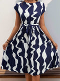 Tied Pleated Printed Cap Sleeve Dress - Trendsi - Flyclothing LLC