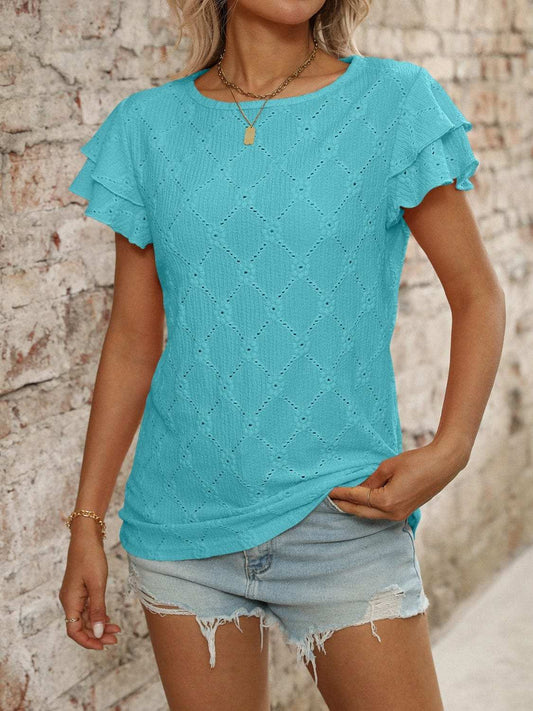 Eyelet Round Neck Double Layered Ruffled Short Sleeve Top - Trendsi - Flyclothing LLC