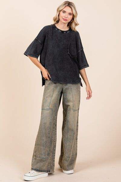 Mittoshop Mineral Wash Waffle Knit Short Sleeve Top - Trendsi - Flyclothing LLC