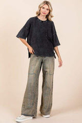 Mittoshop Mineral Wash Waffle Knit Short Sleeve Top - Trendsi - Flyclothing LLC