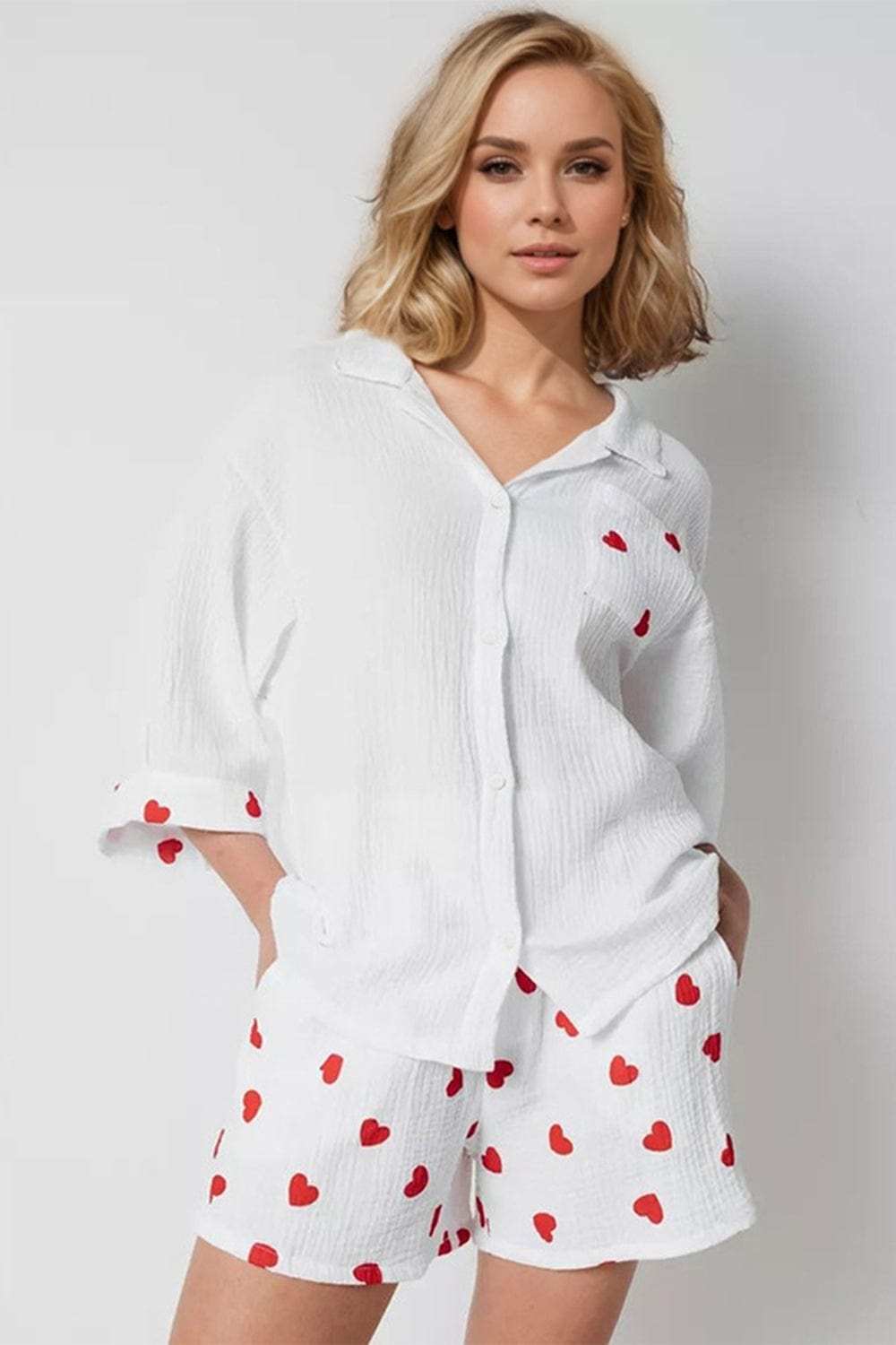 Basic Bae Heart Collared Neck Button Down Top and Shorts Set - Trendsi - Flyclothing LLC