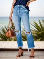 Distressed Raw Hem Jeans with Pockets - Trendsi