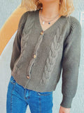 Cable-Knit V-Neck Button Down Long Sleeve Cardigan - Trendsi - Flyclothing LLC