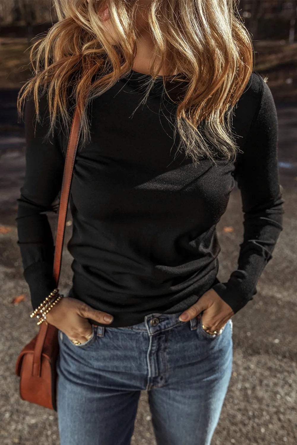 Round Neck Long Sleeve Knit Top - Trendsi - Flyclothing LLC