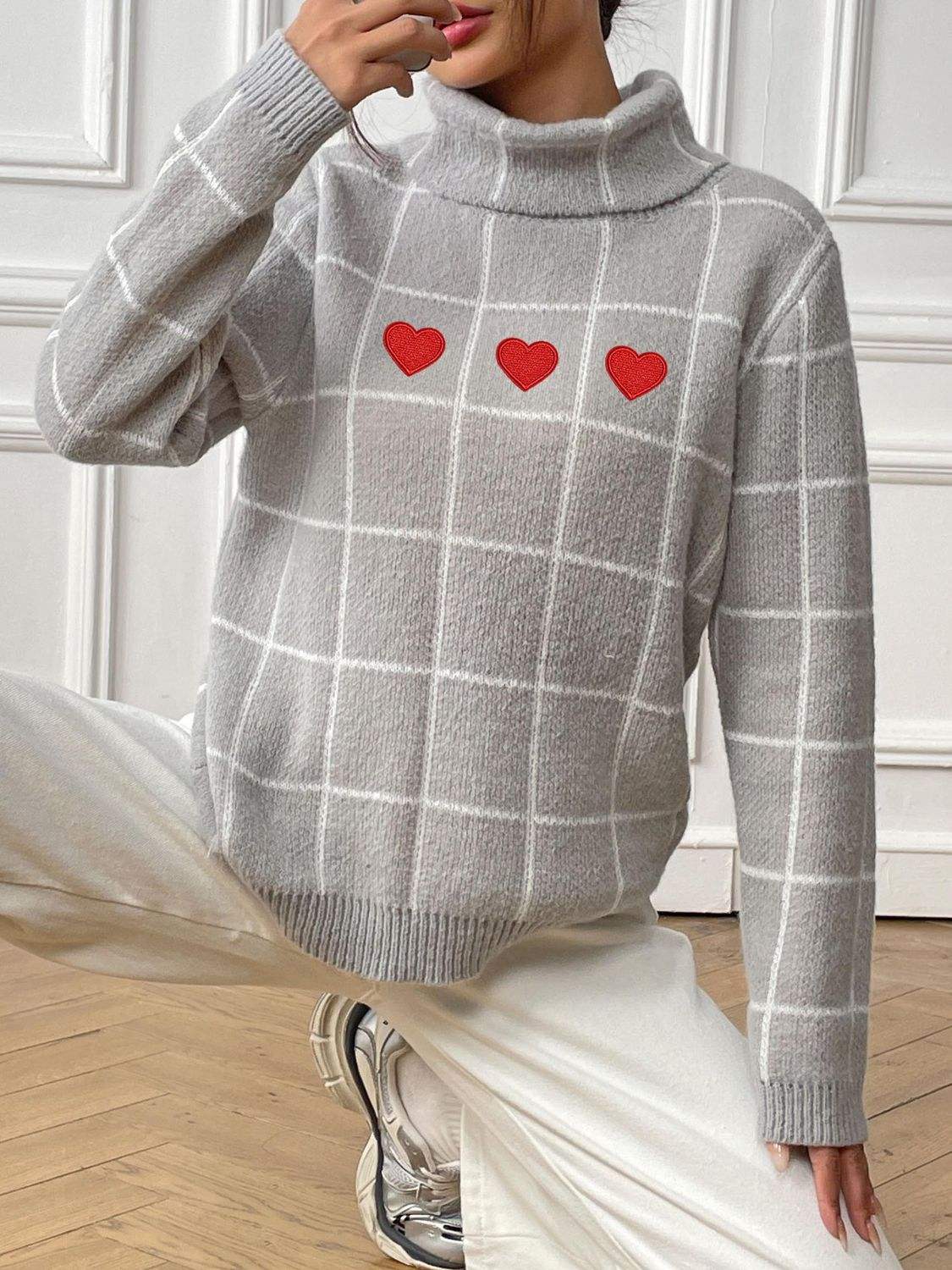 Heart Plaid Turtleneck Long Sleeve Sweater - Trendsi - Flyclothing LLC