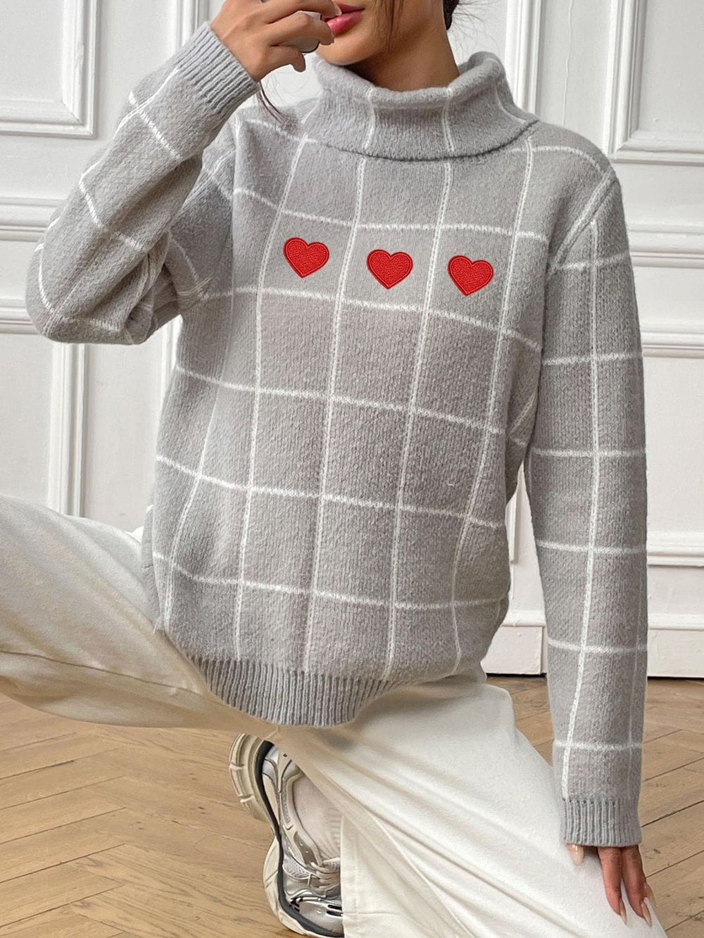 Heart Plaid Turtleneck Long Sleeve Sweater - Trendsi