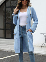 Pocketed Button Up Long Sleeve Hooded Cardigan - Trendsi - Flyclothing LLC