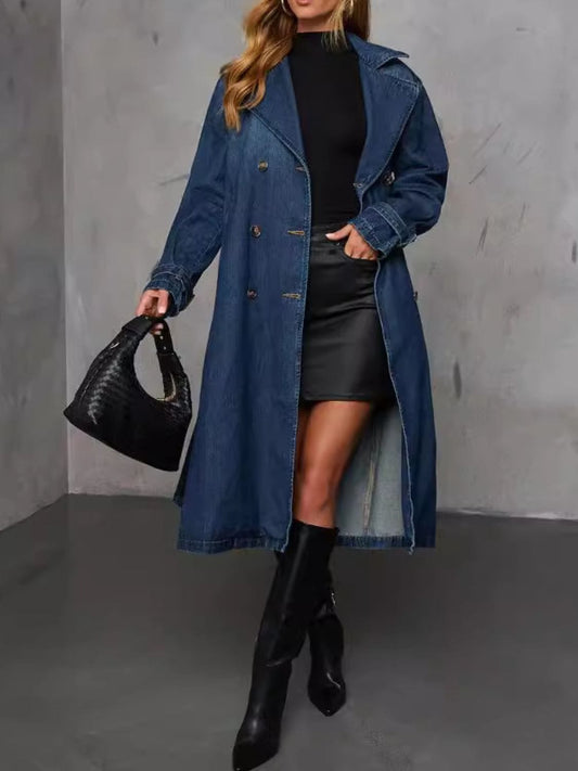 Button Up Long Sleeve Longline Denim Jacket - Trendsi
