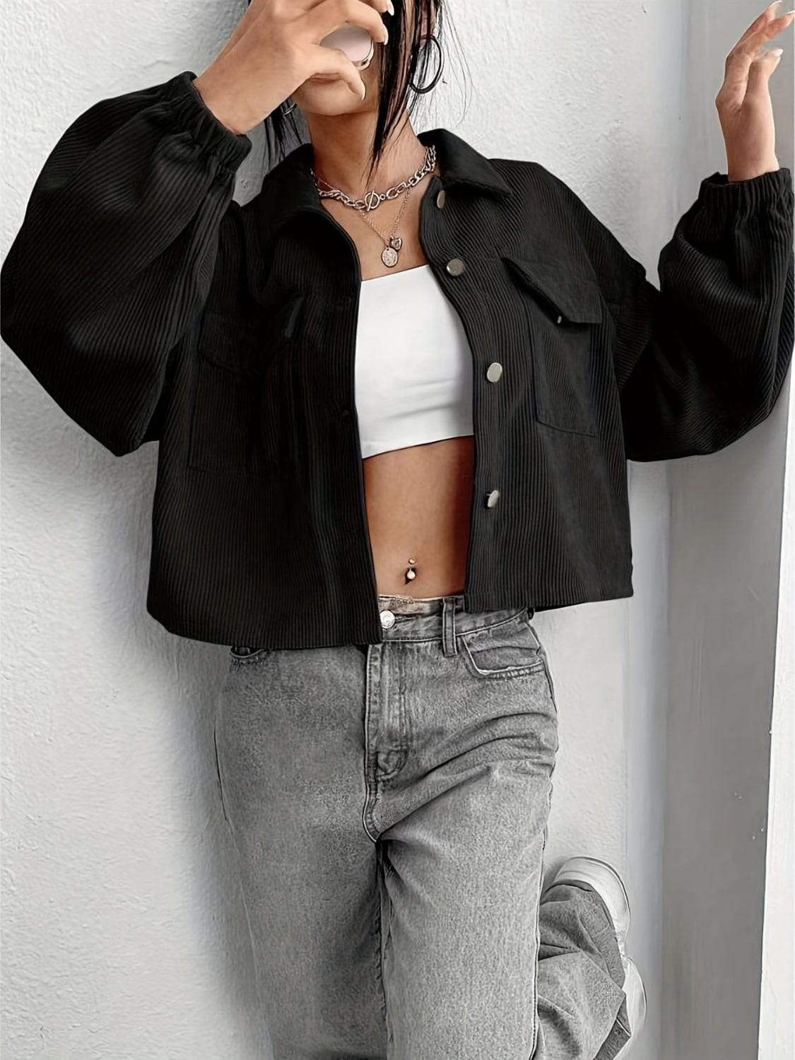 Collared Neck Dropped Shoulder Jacket - Trendsi - Flyclothing LLC