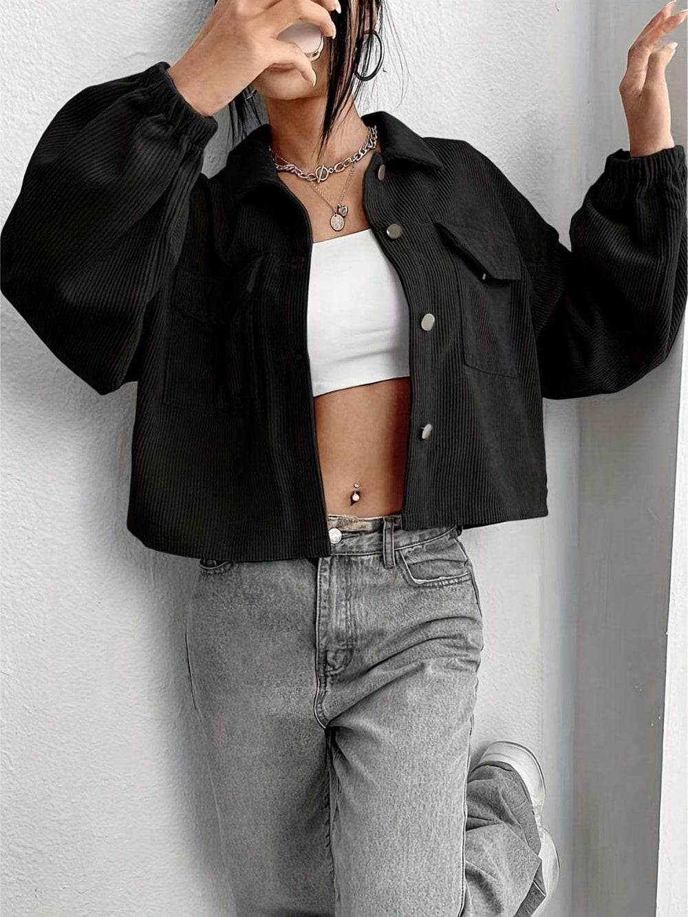 Collared Neck Dropped Shoulder Jacket - Trendsi - Flyclothing LLC