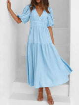 V-Neck Puff Sleeve Midi Dress - Trendsi - Flyclothing LLC