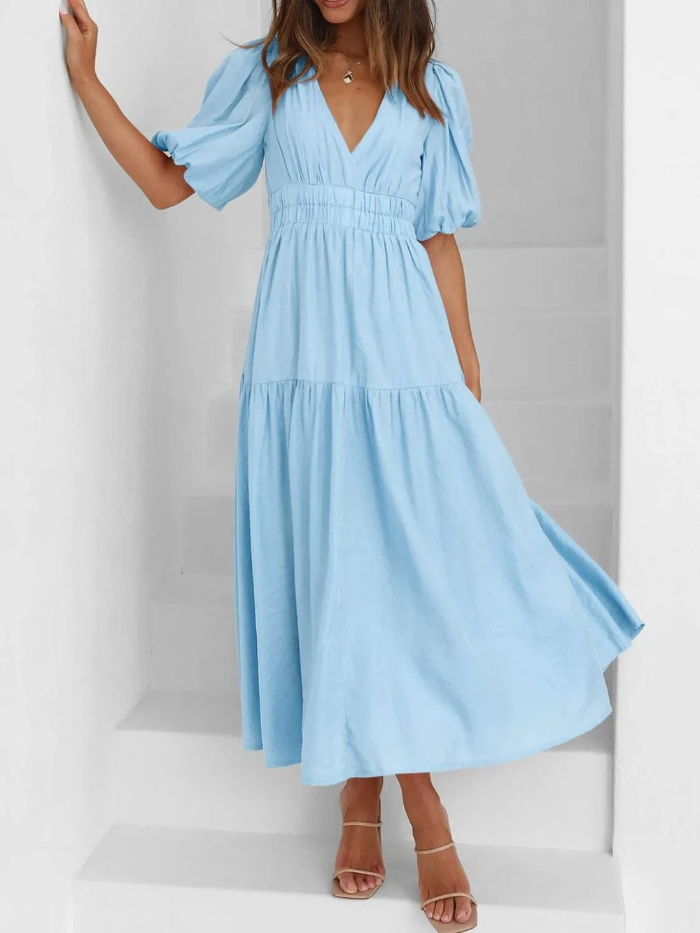 V-Neck Puff Sleeve Midi Dress - Trendsi