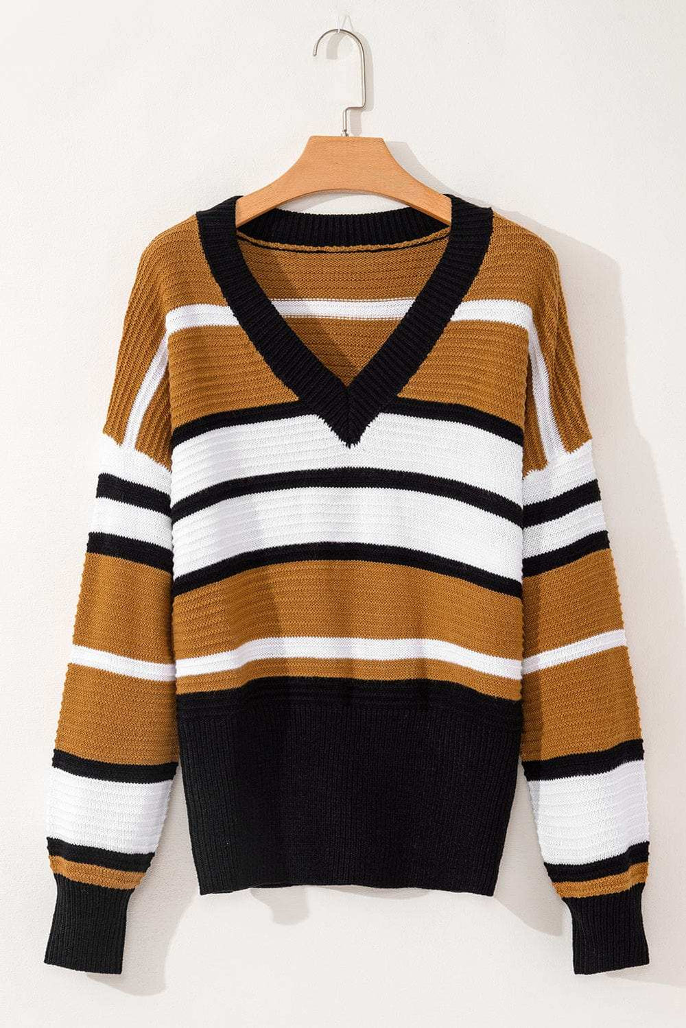 Contrast Stripes V Neck Long Sleeve Sweater - Trendsi - Flyclothing LLC
