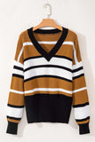 Contrast Stripes V Neck Long Sleeve Sweater - Trendsi - Flyclothing LLC