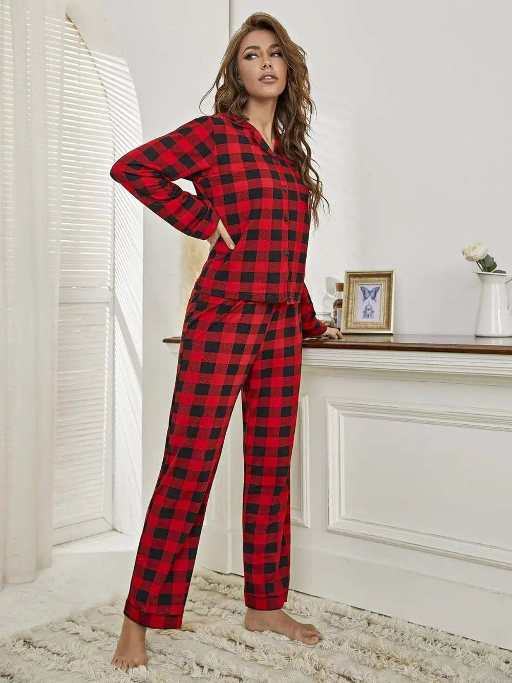 Plaid Collared Neck Long Sleeve Top and Pants Lounge Set - Trendsi - Flyclothing LLC