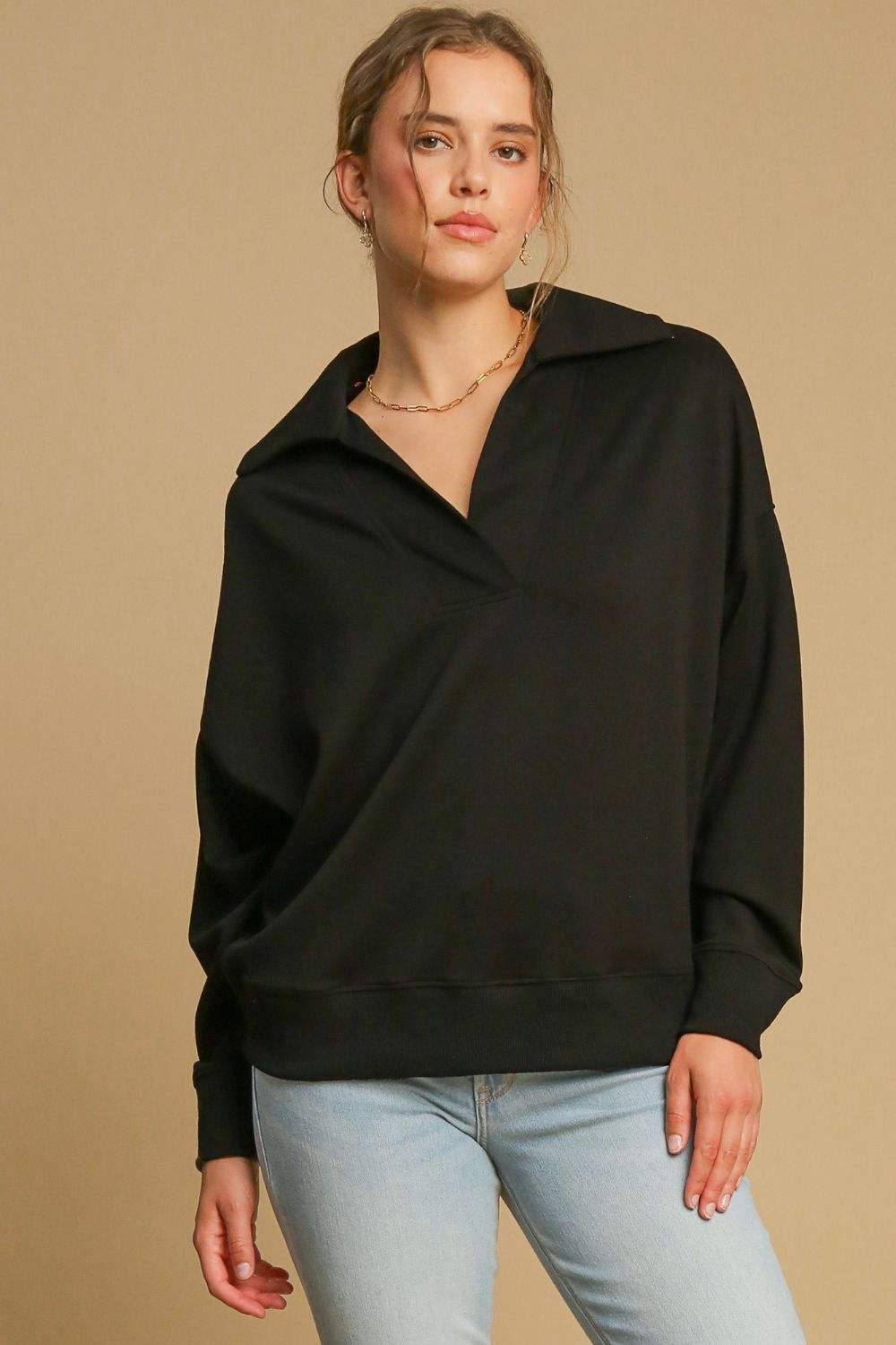 Umgee Johnny Collar Dropped Shoulder Sweatshirt - Trendsi - Flyclothing LLC