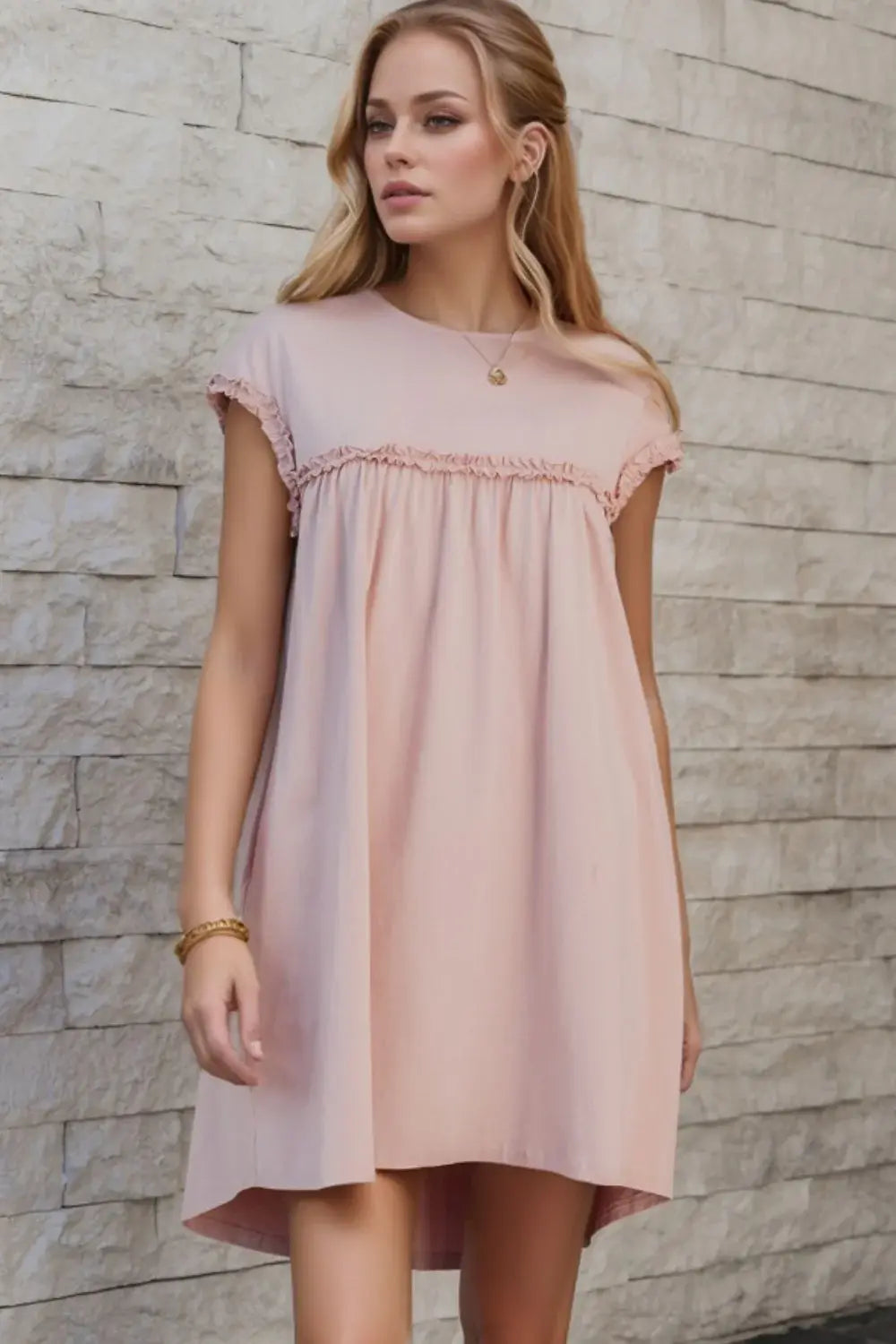 Frilled Trim Crew Neck Cap Sleeve Loose Fit Mini Dress - Trendsi - Flyclothing LLC