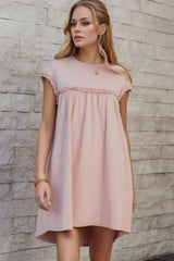 Frilled Trim Crew Neck Cap Sleeve Loose Fit Mini Dress - Trendsi - Flyclothing LLC