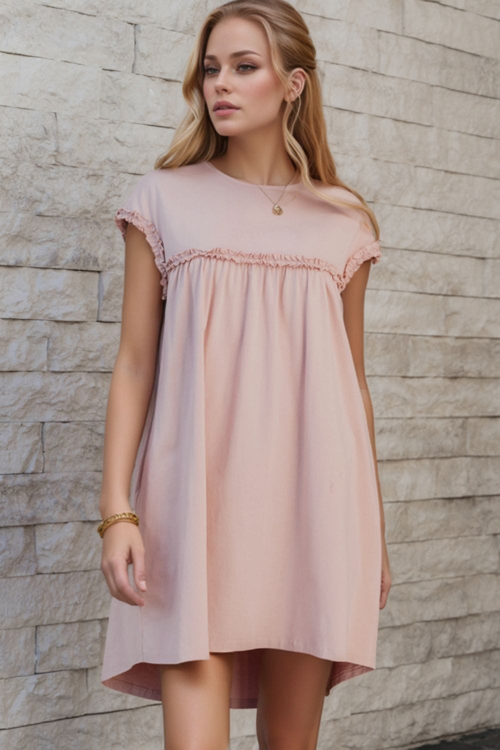 Frilled Trim Crew Neck Cap Sleeve Loose Fit Mini Dress - Trendsi