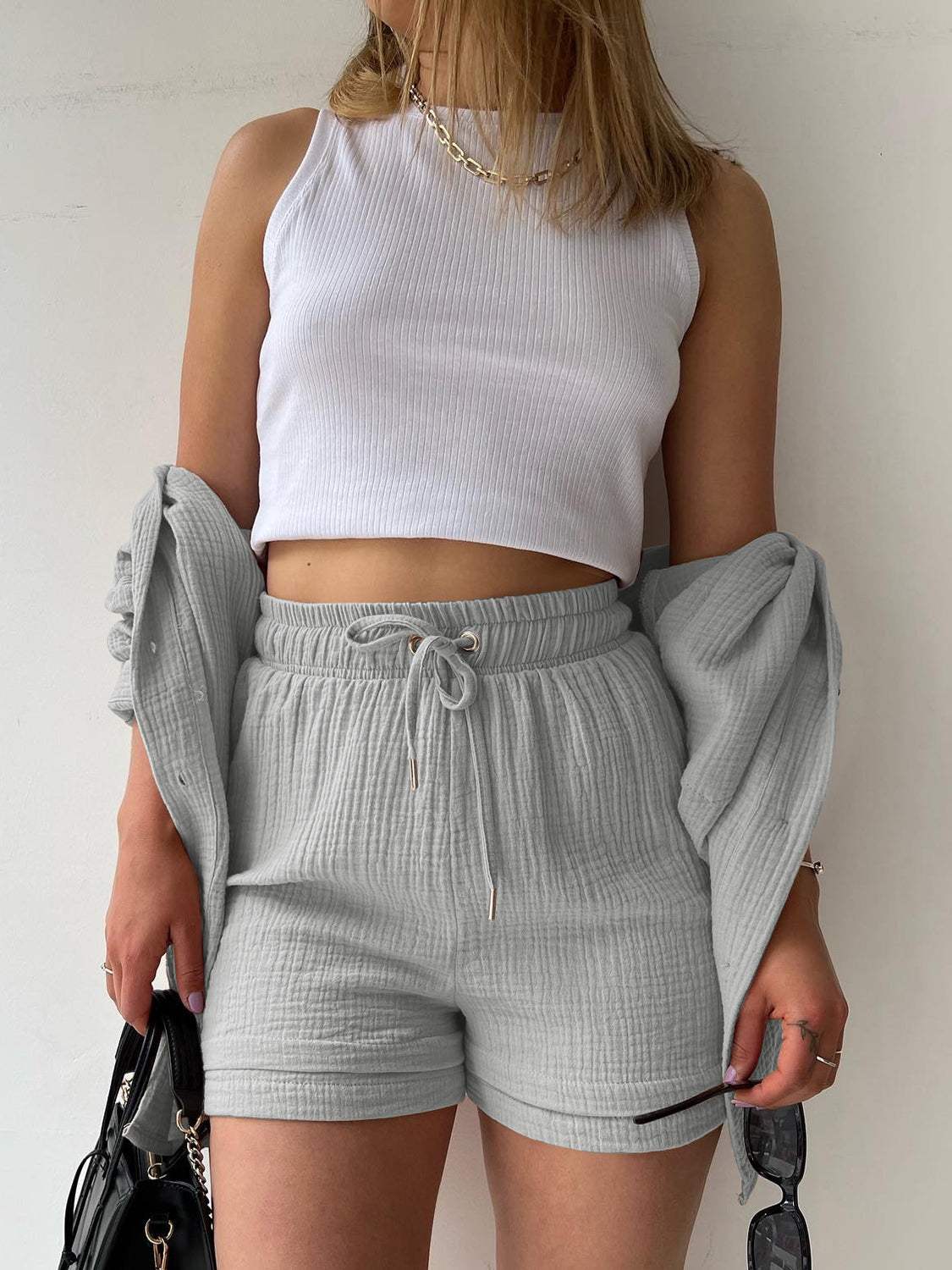 Texture Button Up Shirt and Drawstring Shorts Set - Trendsi - Flyclothing LLC