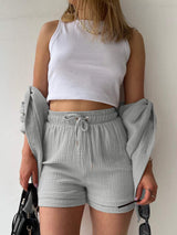 Texture Button Up Shirt and Drawstring Shorts Set - Trendsi - Flyclothing LLC