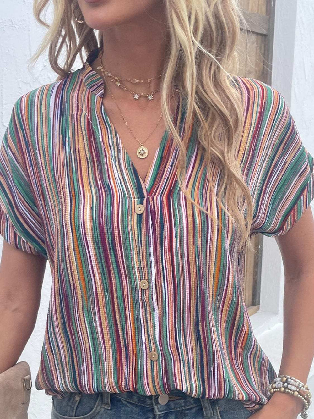 Striped Notched Short Sleeve Blouse - Trendsi - Flyclothing LLC