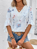 Ruffled Printed V-Neck Half Sleeve Blouse - Trendsi