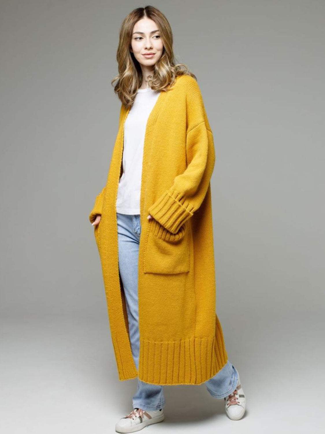 Pocketed Open Front Dropped Shoulder Cardigan - Trendsi - Flyclothing LLC