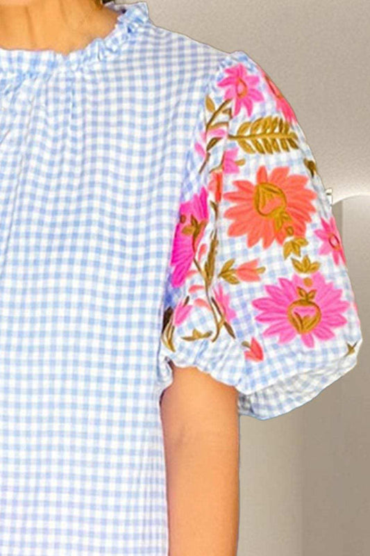 Embroidered Plaid Round Neck Short Sleeve Blouse - Trendsi - Flyclothing LLC