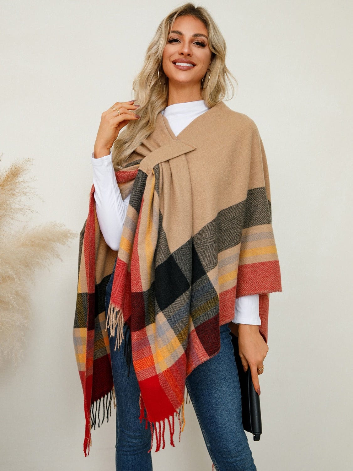 Fringe Contrast Plaid Poncho - Trendsi