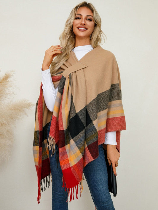 Fringe Contrast Plaid Poncho - Trendsi