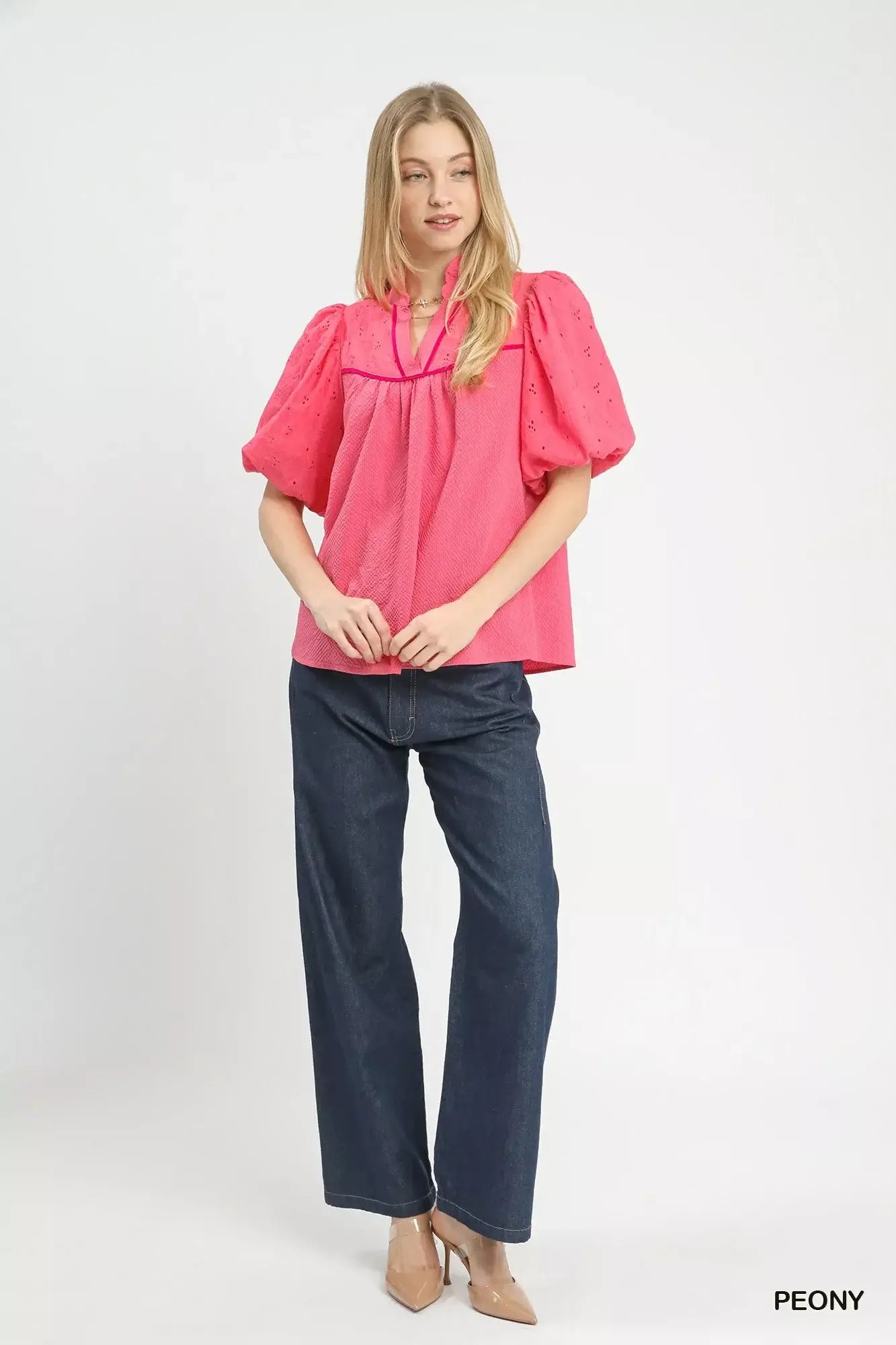 Umgee Puff Sleeve Eyelet Mix Top with Contrast Piping - Trendsi - Flyclothing LLC