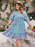 Plus Size Ruffled Hem Lace Detail Printed Half Sleeve Dress - Trendsi
