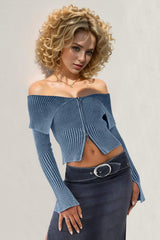 Double Take Ribbed Off-Shoulder Zip Up Long Sleeve Cardigan - Trendsi - Flyclothing LLC